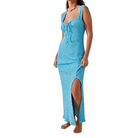 Free People Beach Eleni Aqua Blue Textured Stretch Bodycon Mermaid Maxi Dress - Picture 1 of 15